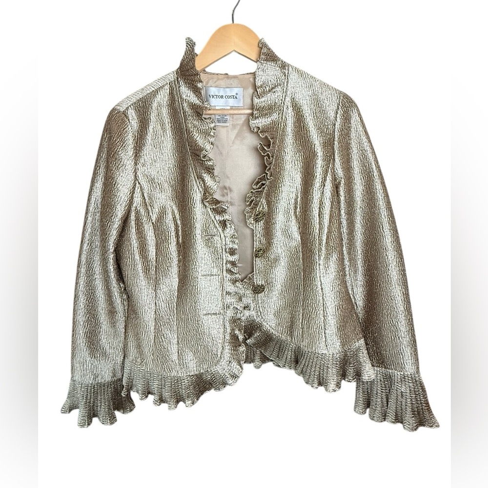 Vintage Victor Costa Metallic Gold Ruffle Trim Jacket Blazer Evening Formal Sz 6